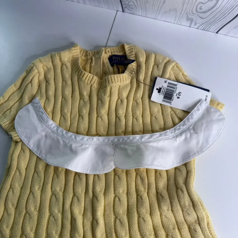 HTF Ralph Lauren Polo Yellow Girls Cable Knit Cotton Dress Sz 7 Collar Sm Flaw